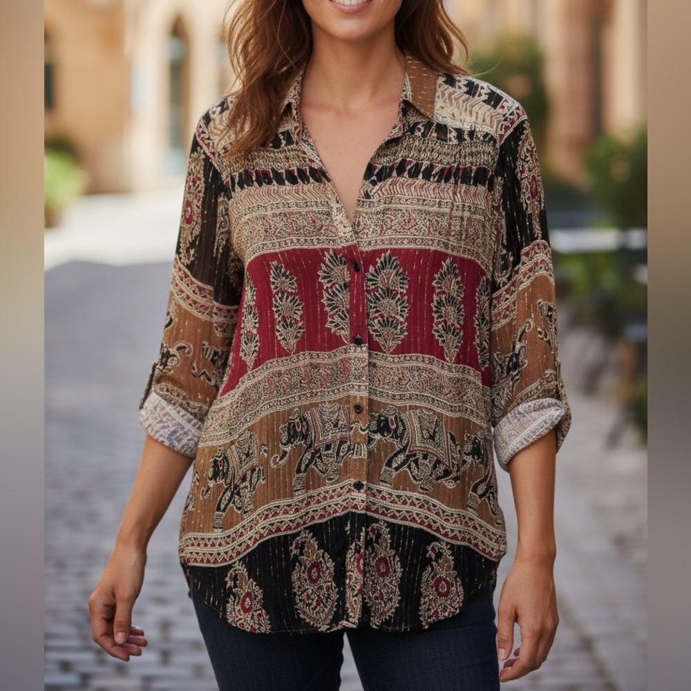 Novella Royale Gold Metallic Elephant Print Boho‎ Top